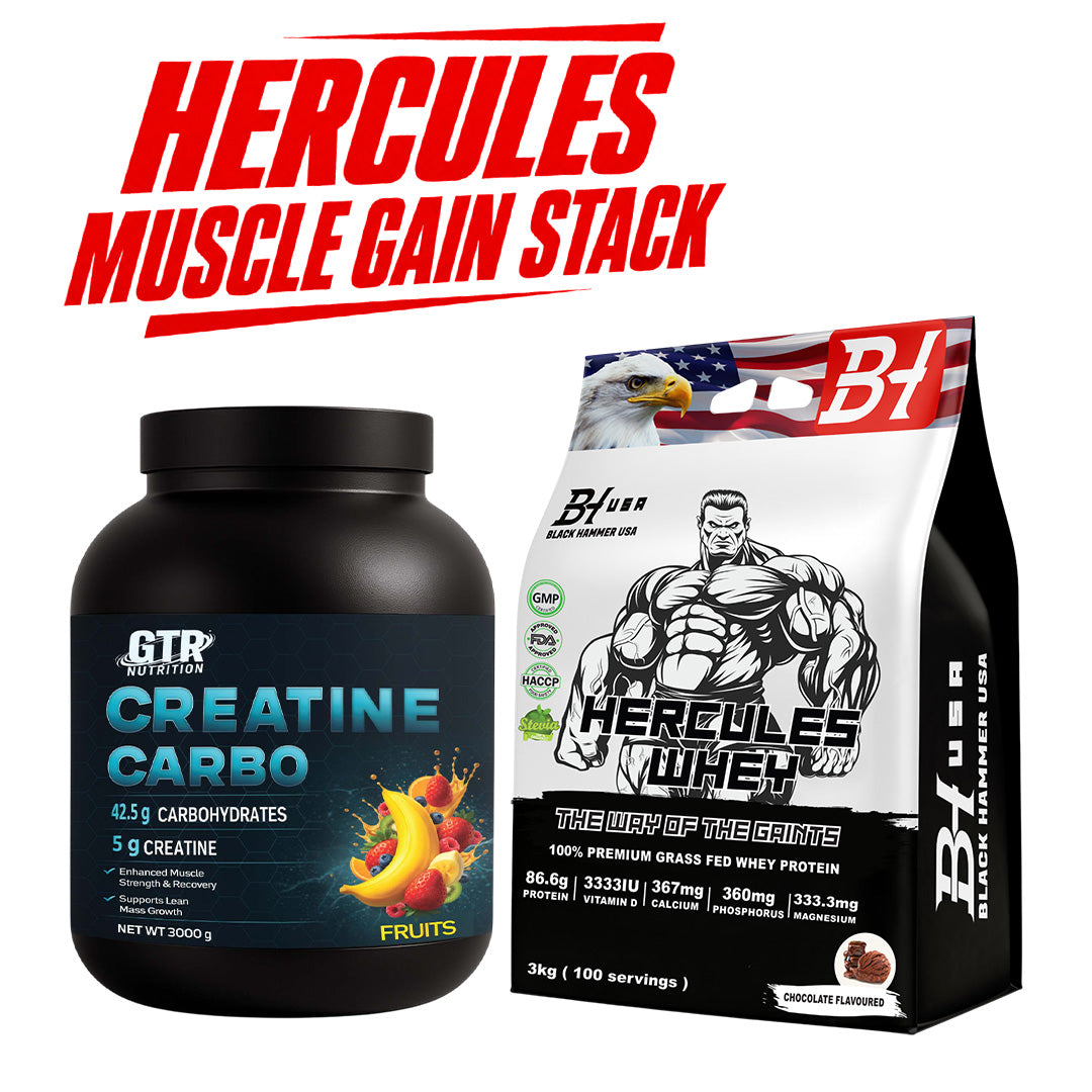 HERCULES MUSCLE GAIN STACK – 3KG Whey Protein Chocolate + 3KG Creatine Carbo Fruits