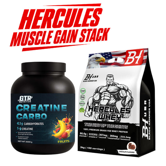 HERCULES MUSKELAUFBAU-PAKET – 3KG Whey Protein Schokolade + 3KG Kreatin-Kohlenhydrate Früchte