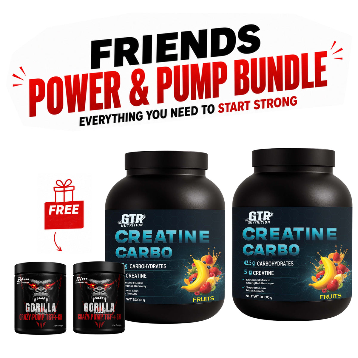 Friends Power & Pump | 2x Creatine Carbo 3 kg + 2x GRATIS Crazy Pump