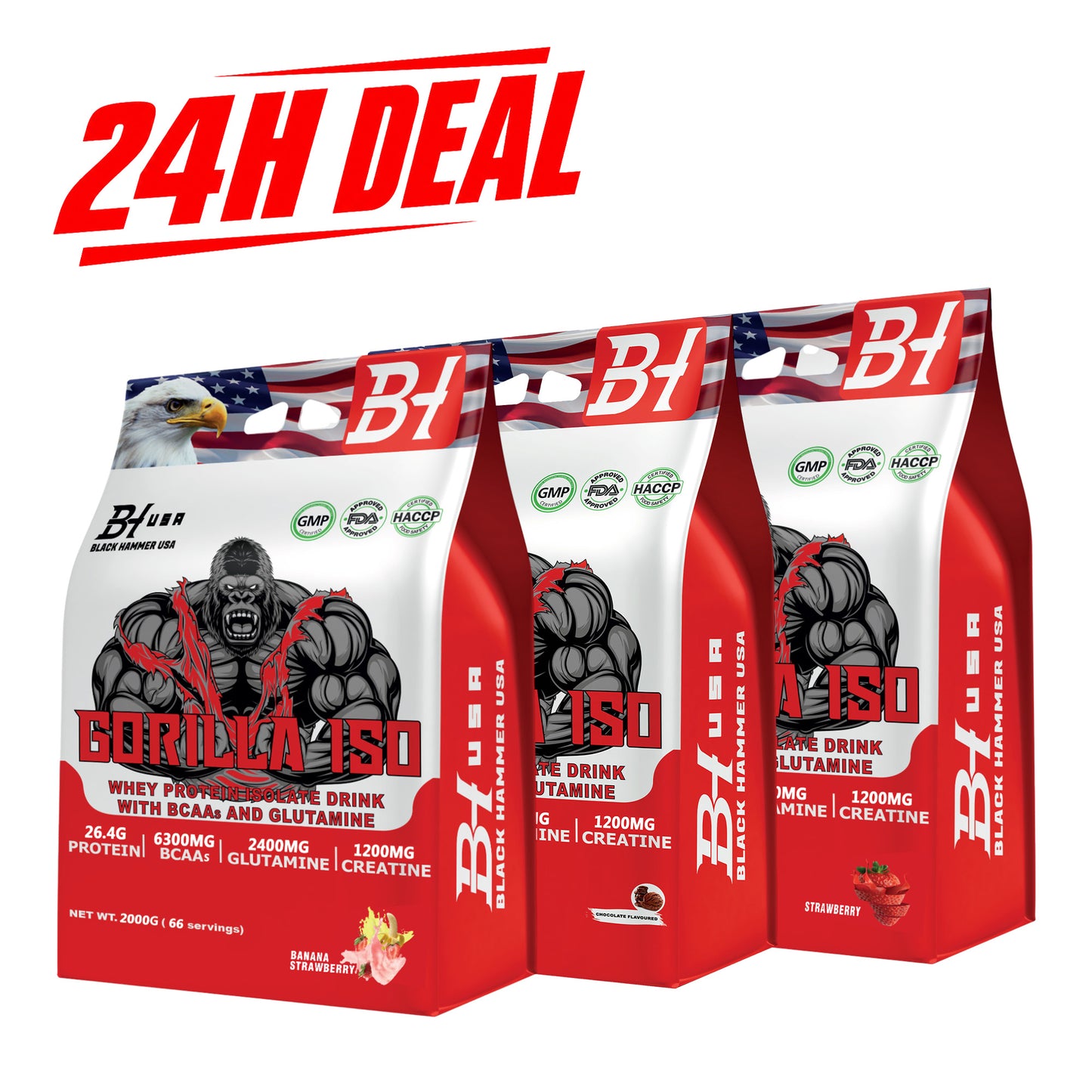 24H Deal: 3× Gorilla ISO Whey Protein 2KG – Chocolate + Strawberry + Banana Strawberry