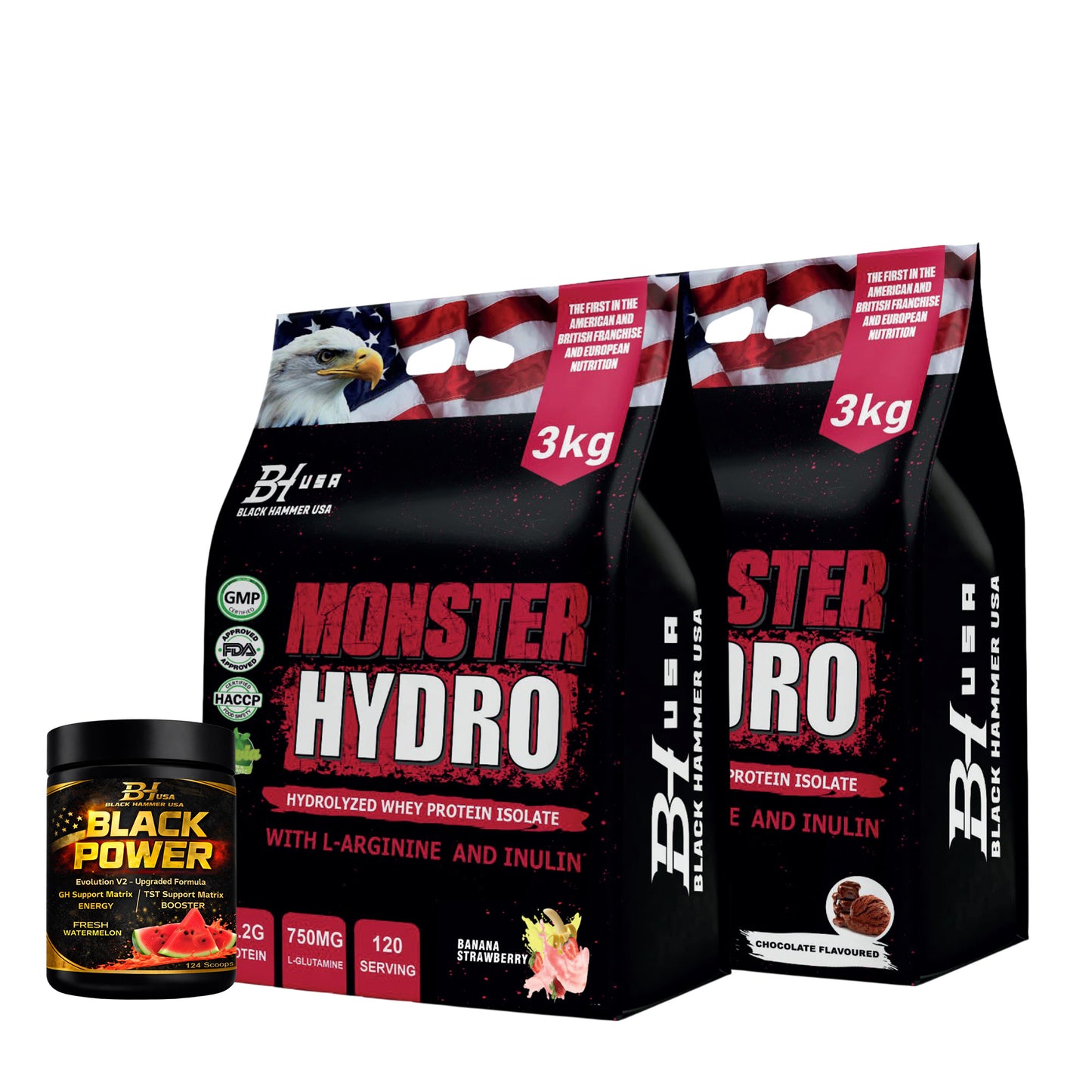 2x Monster Hydro 3KG Banana Strawberry & Chocolate + Free Black Power Watermelon_SAVE 40%