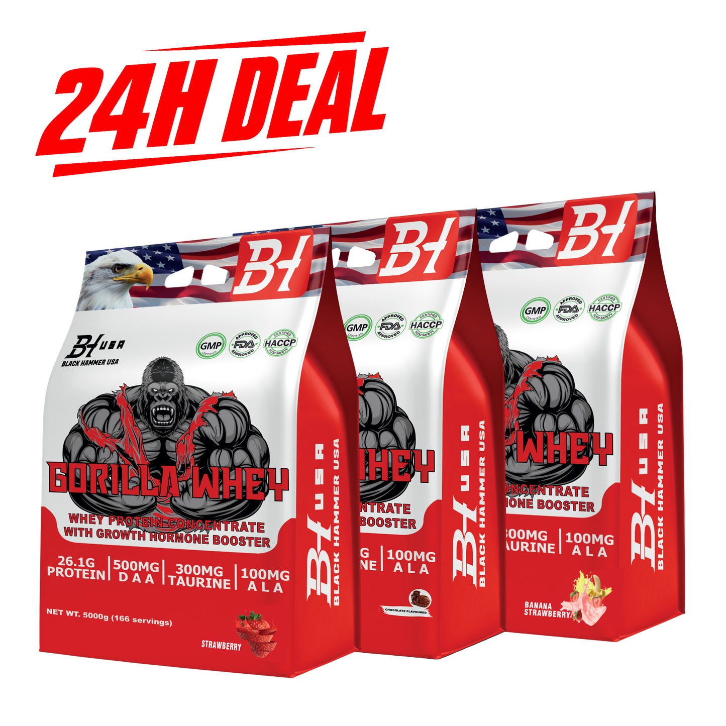 24H Deal: 3× Gorilla Whey Protein 5KG – Chocolate + Strawberry + Banana Strawberry
