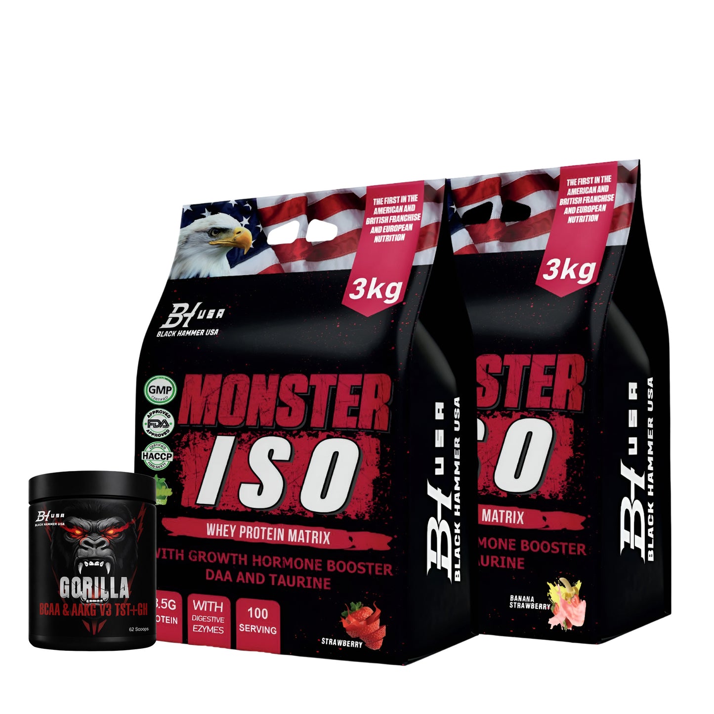 2x Monster ISO 3KG Strawberry & Banana Strawberry + FREE BCAA 620G_SAVE 40%