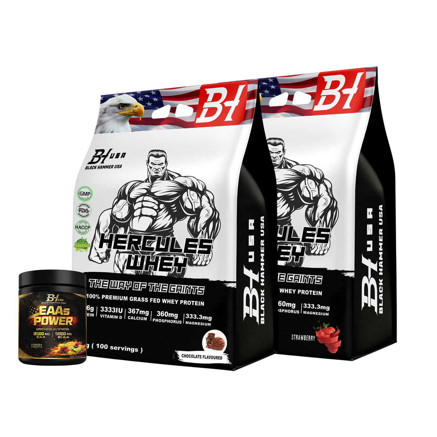 2× Hercules Whey Strawberry & Chocolate + FREE EAA 620g