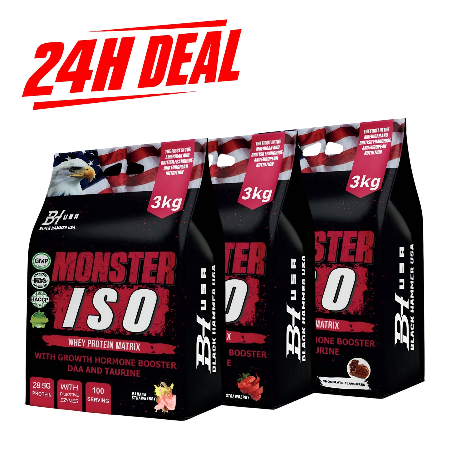 24H Deal: 3× Monster ISO Whey Protein 3KG – Chocolate + Strawberry + Banana Strawberry