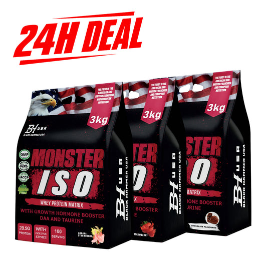 24H Deal: 3× Monster ISO Whey Protein 3KG – Chocolate + Strawberry + Banana Strawberry