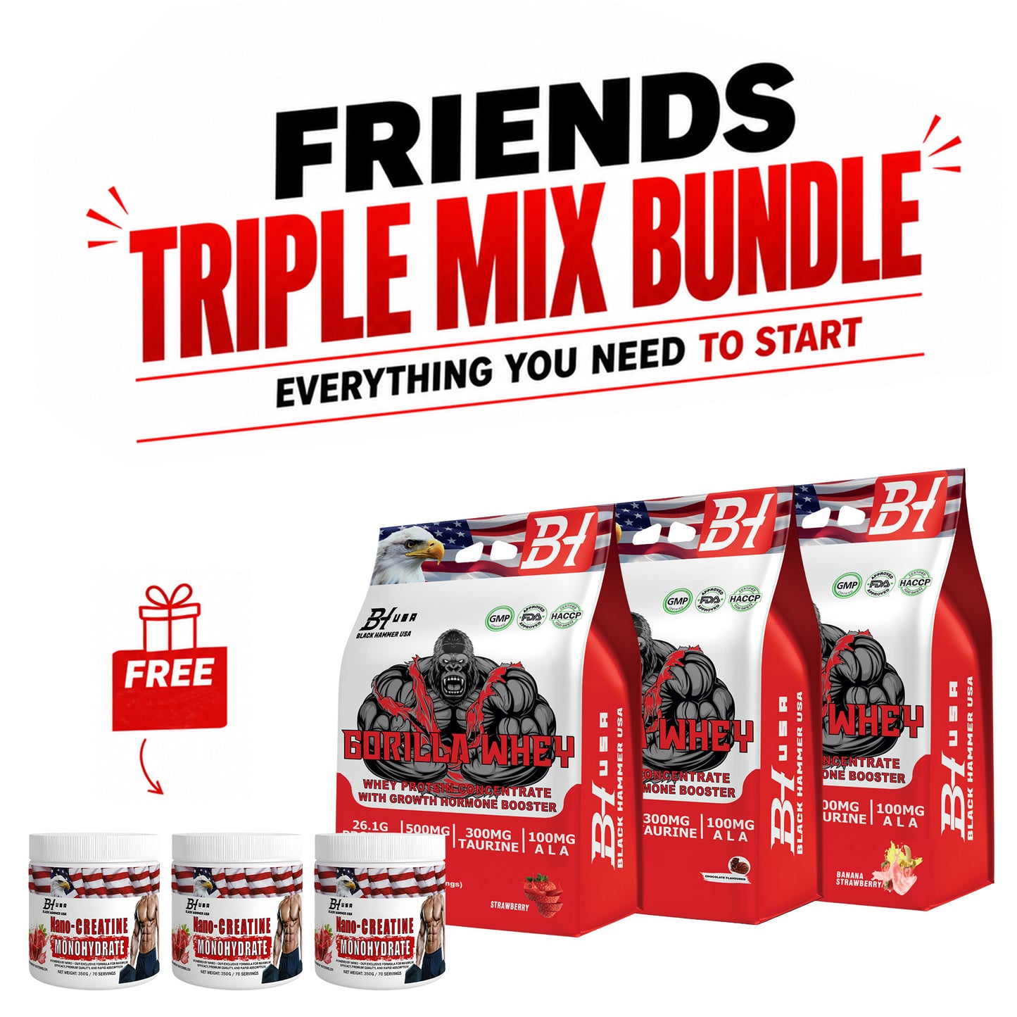 Friends Triple Mix Bundle | 3x Gorilla Whey 5KG + 3x FREE Nano Creatine