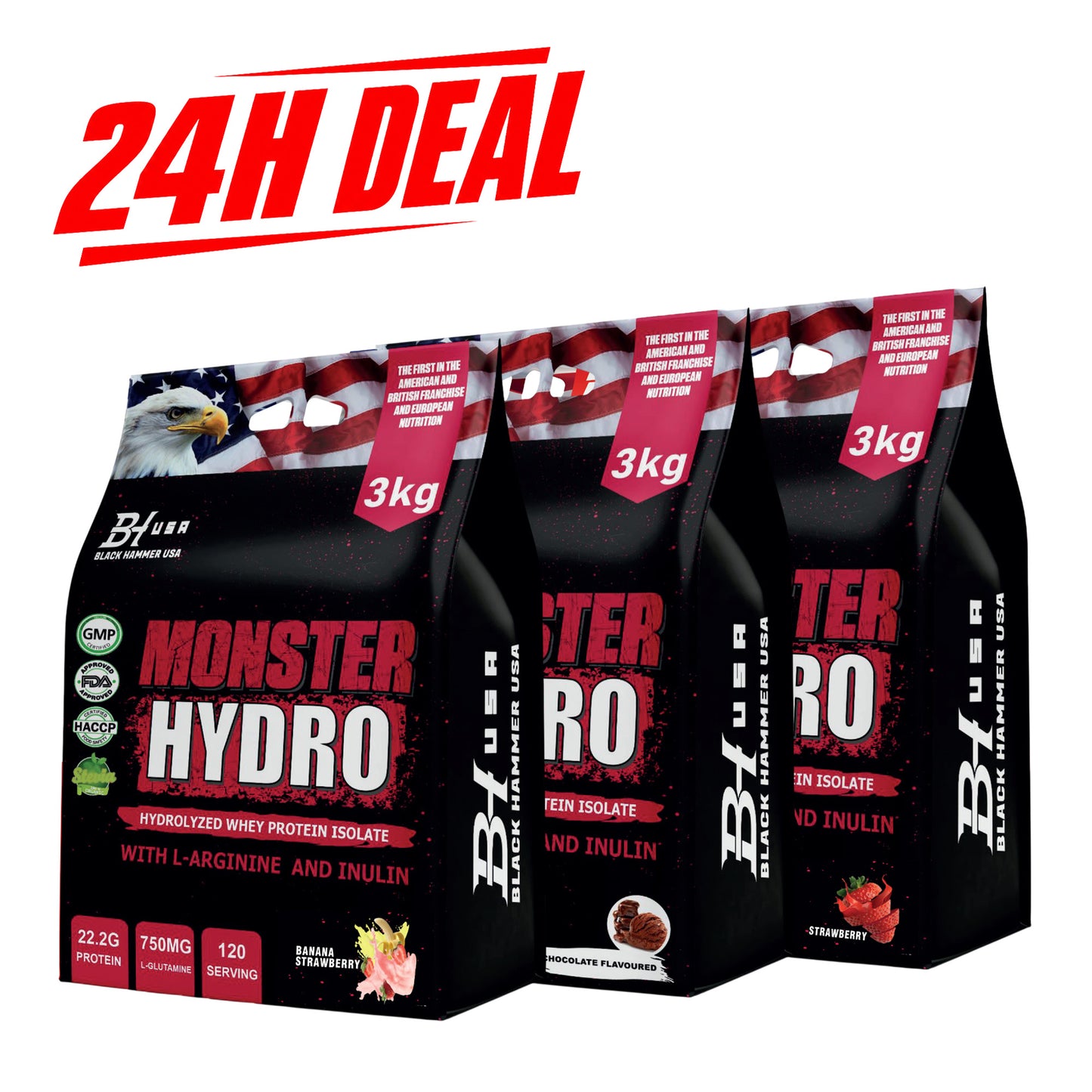 24H Deal: 3× Monster Hydro Whey Protein 3KG – Chocolate + Strawberry + Banana Strawberry