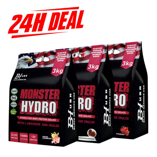 24H Deal: 3× Monster Hydro Whey Protein 3KG – Chocolate + Strawberry + Banana Strawberry
