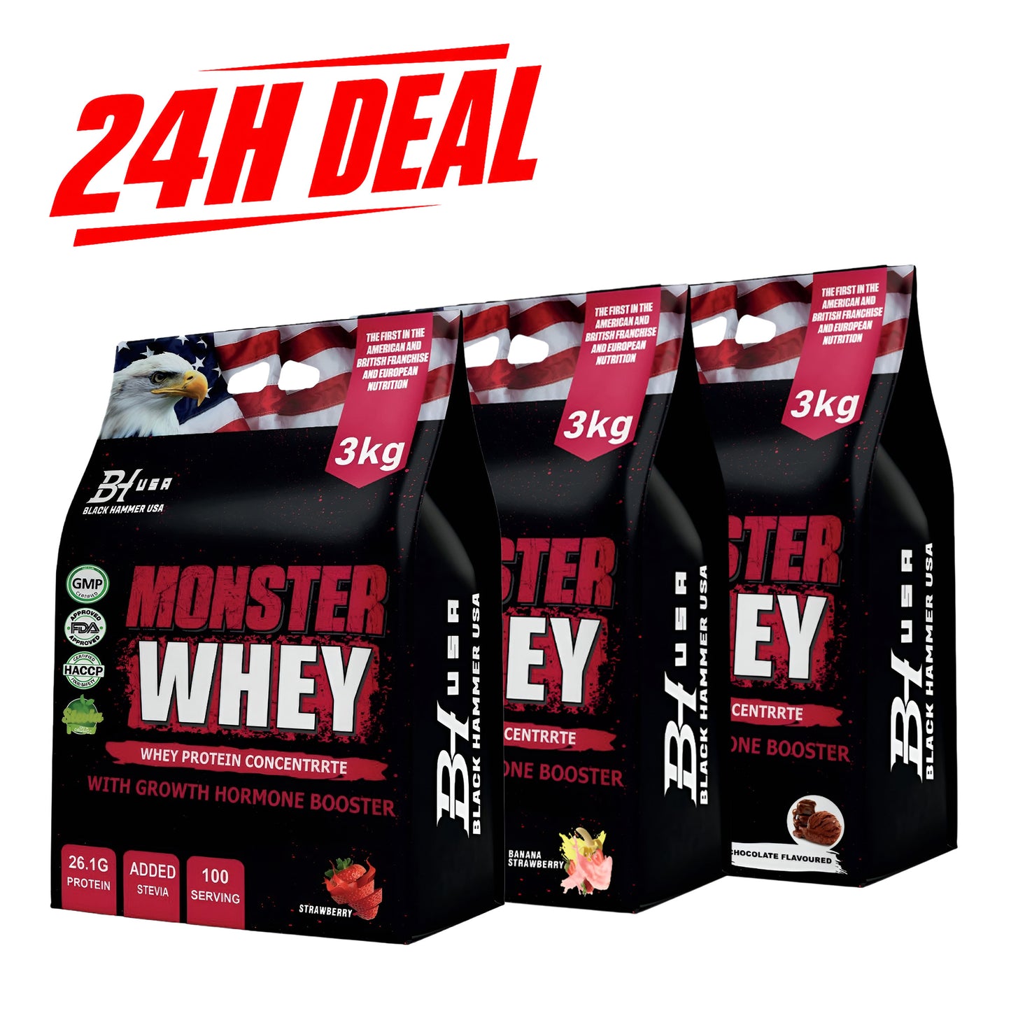 24H Deal: 3× Monster Whey Protein 3KG – Chocolate + Strawberry + Banana Strawberry