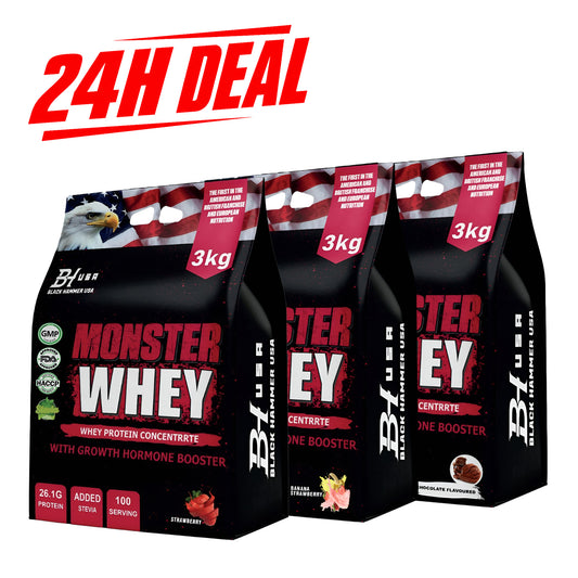 Zeitlich begrenztes Angebot – 3× Monster Whey Protein 3KG – Schokolade + Erdbeere + Banane-Erdbeere