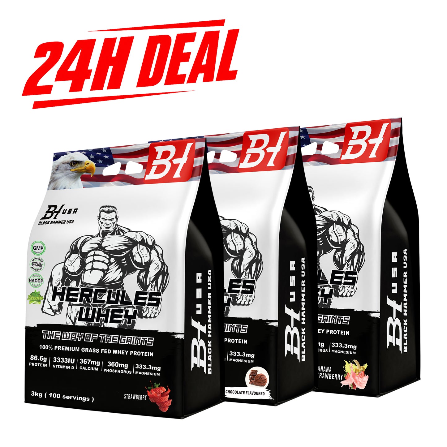 24H Deal: 3× Hercules Whey Protein 3KG – Chocolate + Strawberry + Banana Strawberry