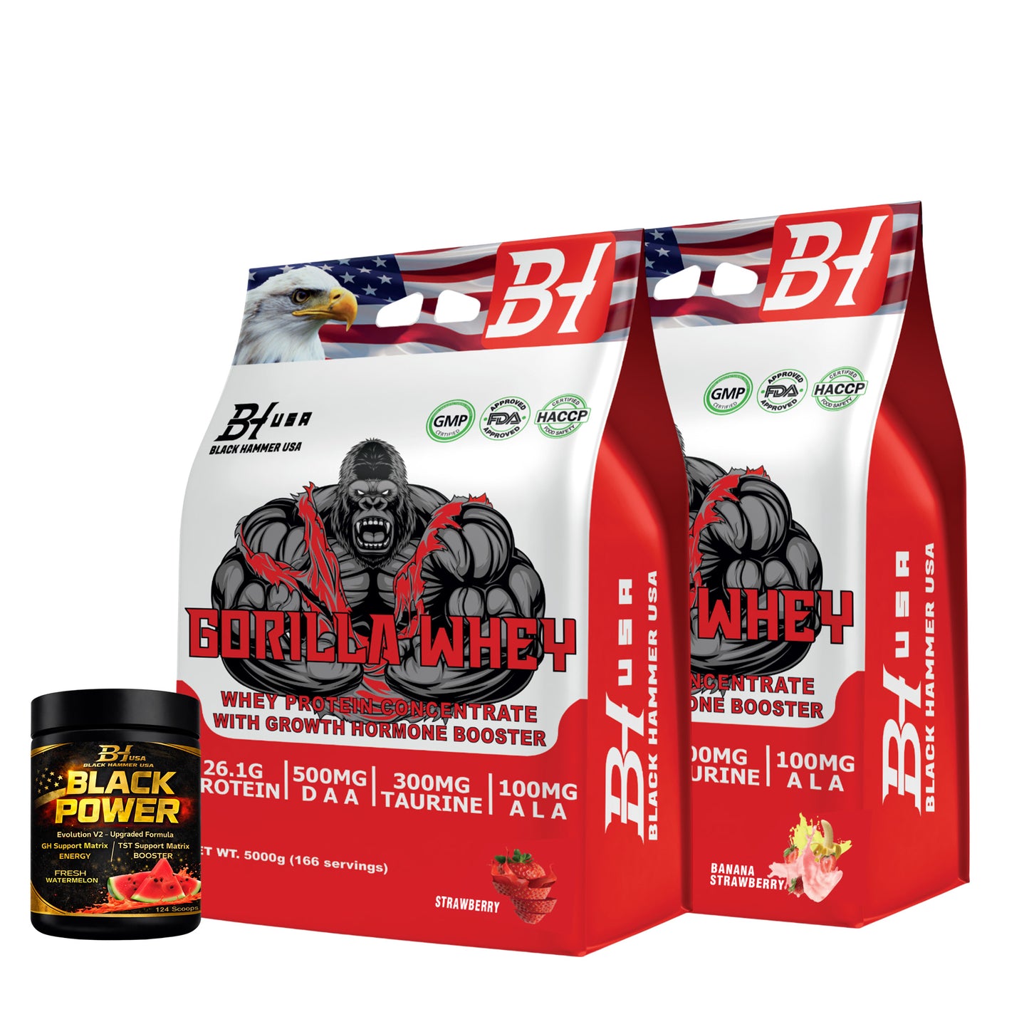 2× Gorilla Whey 5KG Strawberry + Banana Strawberry + FREE Black Power