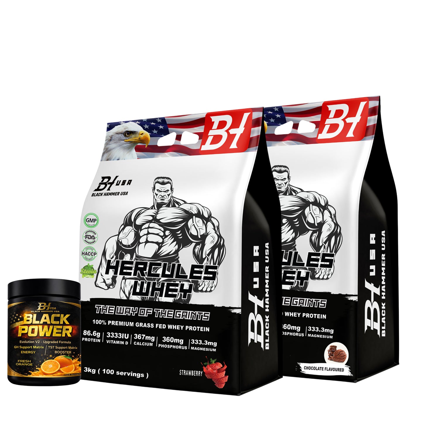 2x Hercules Whey 3KG Chocolate & Strawberry + FREE Black Power Orange