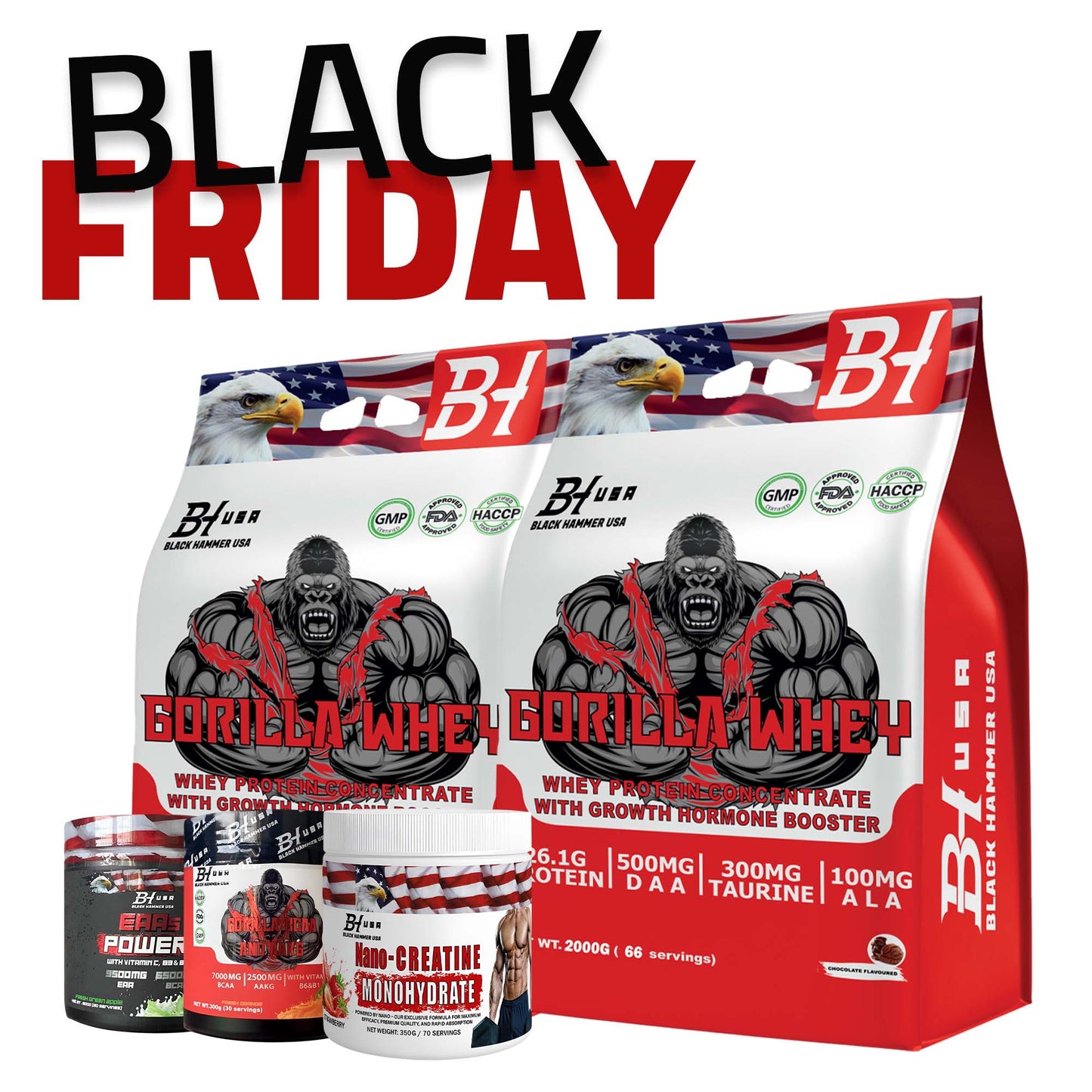 Black Friday Bundle Deal – 2× Gorilla Whey Protein 2kg + EAA Power + Nano Creatine + Gorilla BCAA | Muscle Growth, Strength & Recovery | Pre & Post Workout | High Protein | Black Hammer USA