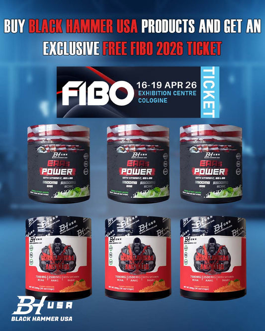 Exclusive FIBO 2026 Deal: 3x Gorilla BCAA Orange + 3x EAAS Power Apple – Muscle, Energy & Recovery + Free FIBO Ticket | Black Hammer USA