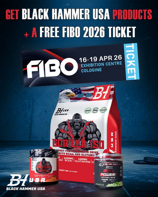FIBO Performance Power Pack –  Gratis FIBO-Ticket  ISO 5KG Schoko + BCAA + EAAS Power | Muskelaufbau, Energie & Regeneration | Black Hammer USA